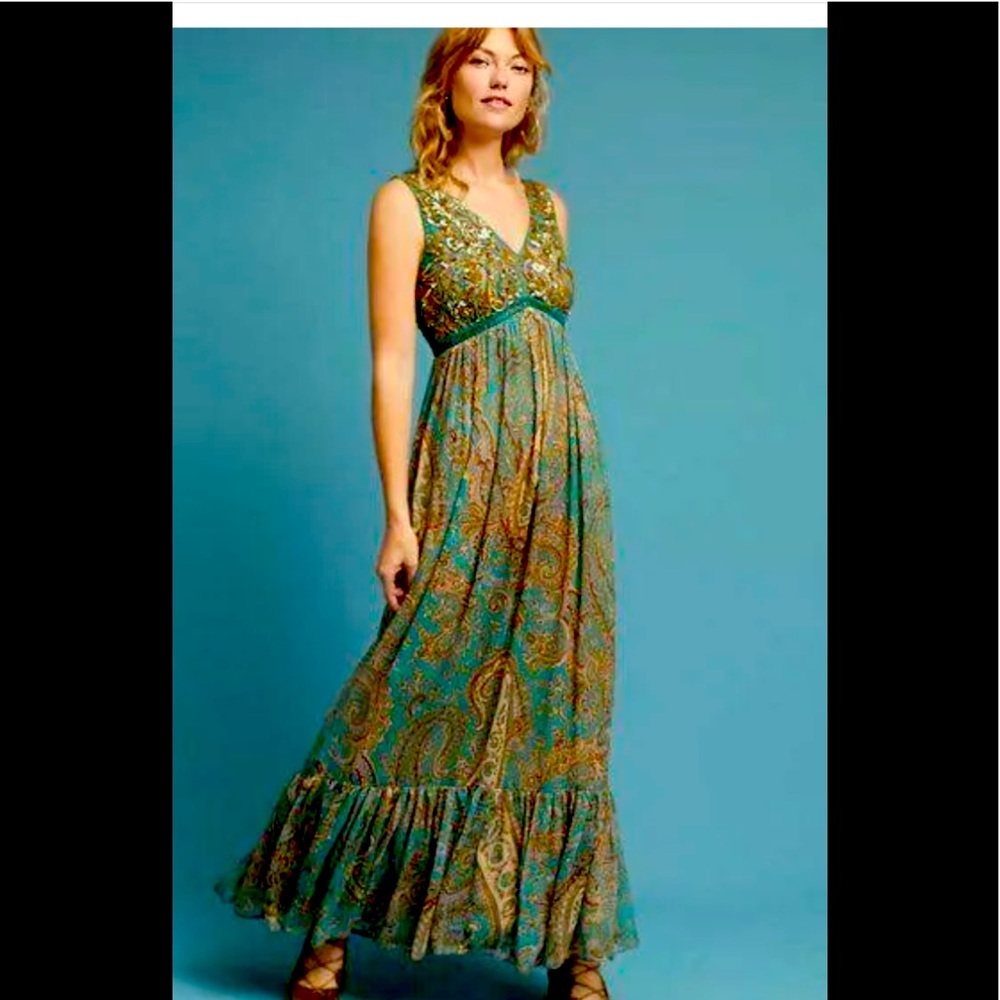 Ranna Gill Green Golden Sequin Boho Gown